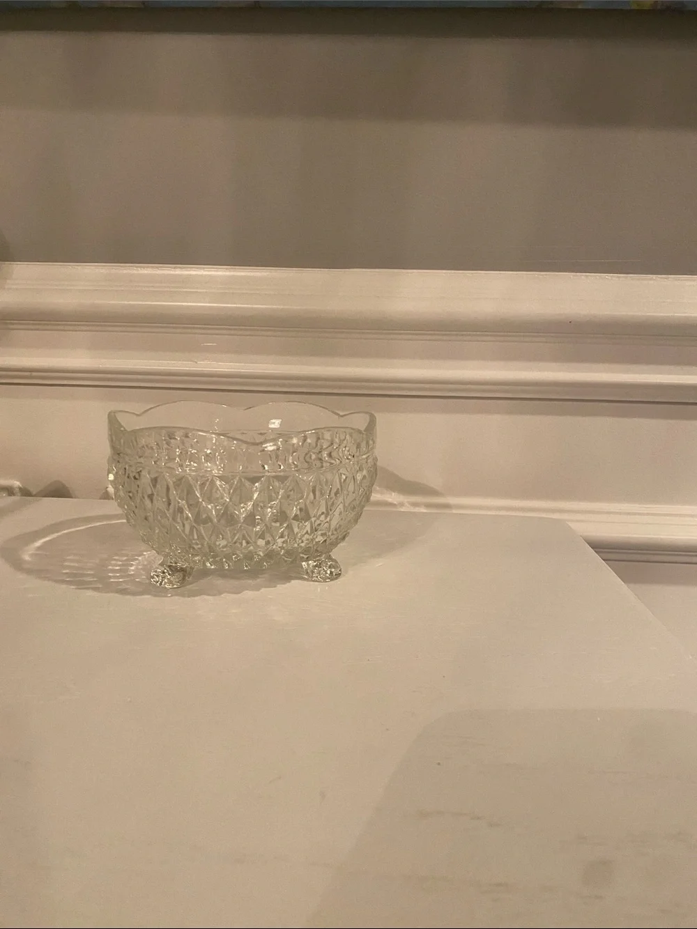 Vintage Indiana Glass clear diamond point 3-toed bon bon bowl